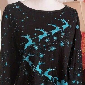 COLLECTIONS Women Santa Sleigh Reindeer 3/4 Sleeve Sequin Blue Christmas Shirt